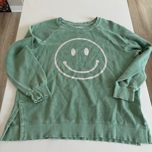 THREAD SUPPLY Women Green Smiley Face Waffle Knit Long Sleeve Sweatshirt Top M